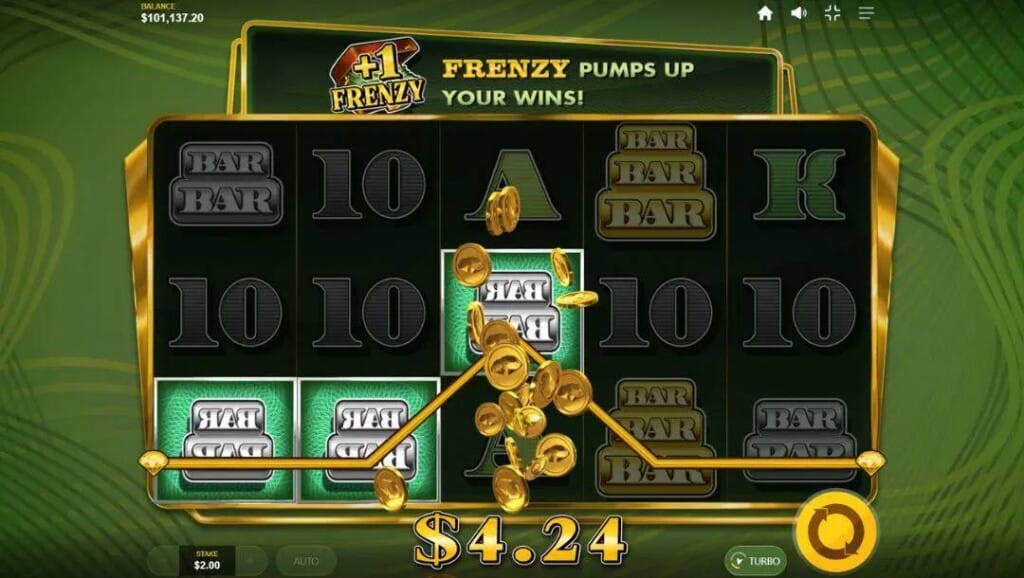 A screenshot of a win in the base game of Cash or Nothing. The background is a simple textured green surface that looks like a bank note. In the foreground are the slot reels with three silver double BAR symbols lined up for a win. Golden coins are spilling out of the slot reels.