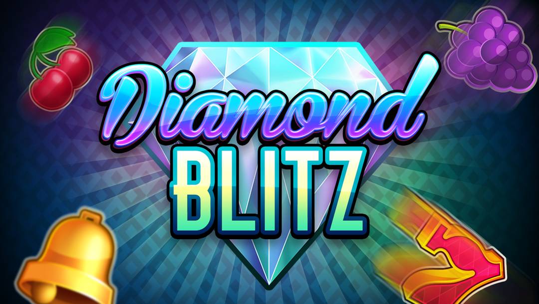 The Diamond Blitz banner. The background is made up of different shades of green and yellow beams of light with diamond-shaped designs. In the foreground is are cherries, grapes, a bell, and a red 7 around the diamond with the game’s title in front of it.