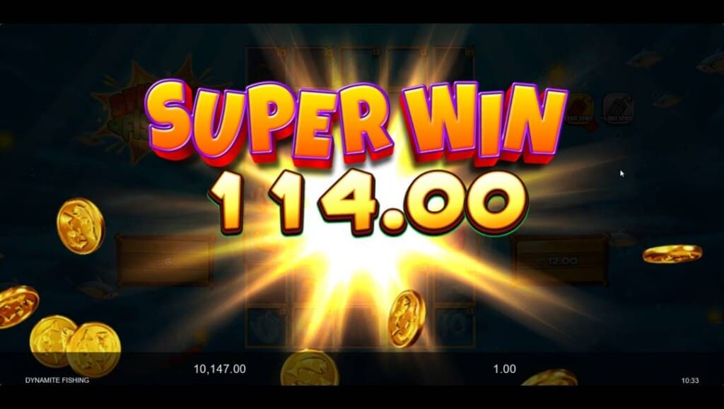 A screenshot of a Super Win in Dynamite Fishing. The game has faded to black in the background. In the foreground is an explosion and the words “Super Win” in front of it. The explosion is surrounded by flying coins.
