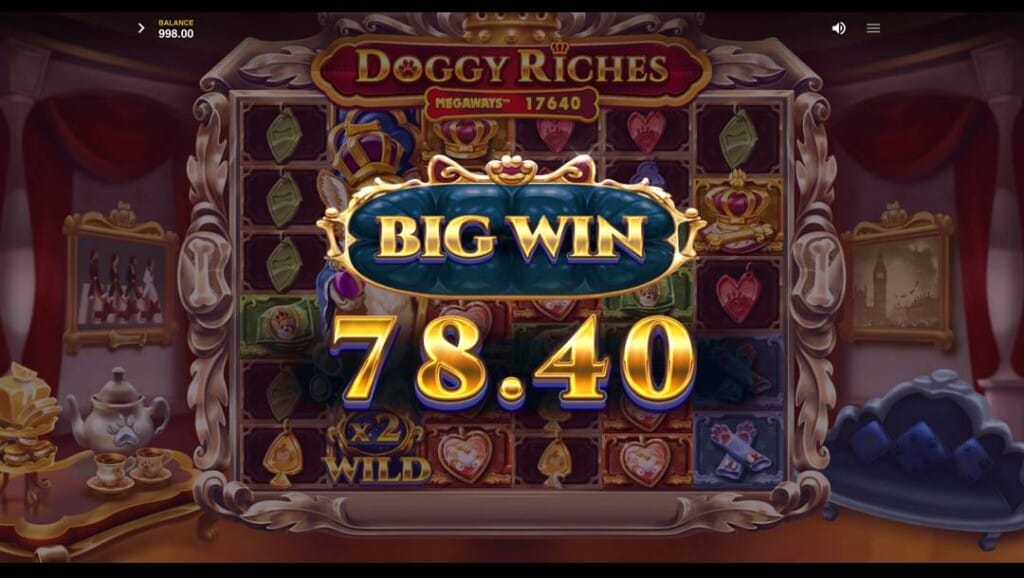 A screenshot of a big win in the Doggy Riches Megaways slot. The game area has faded into the background. The words “Big Win” set against an ornate frame and a payout value are highlighted in the foreground. 