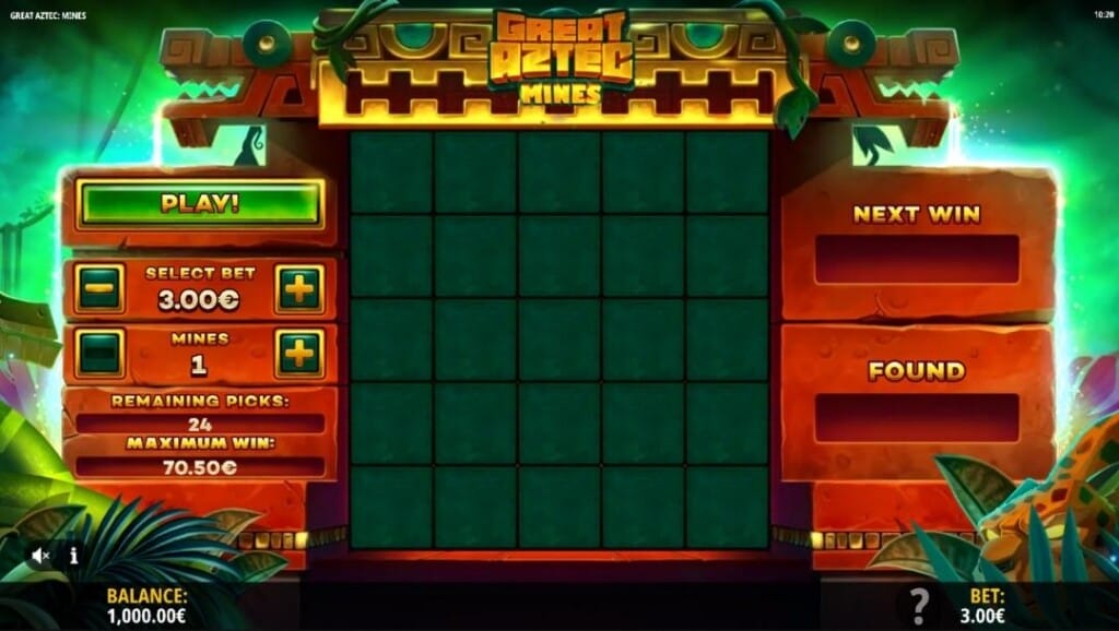 A screenshot of the Great Aztec Mines game. The backdrop is a jungle with light pouring out from behind the game grid. In the foreground, the game grid is framed by stone with Aztec creatures. The game grid is currently empty.