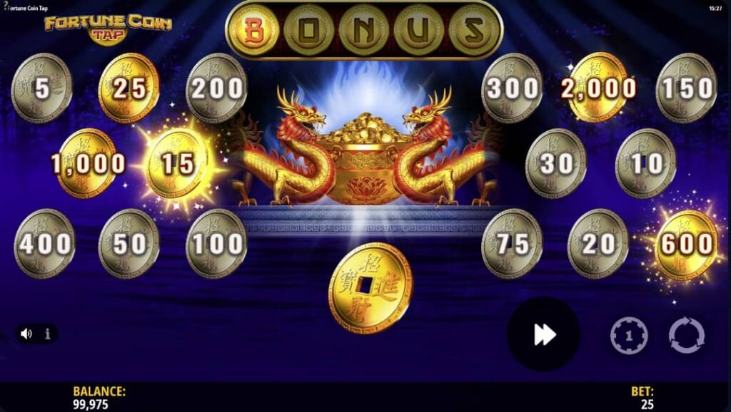 A screenshot of the Fortune Coin Tap instant-win game. The background is dark blue. In the foreground are rows of silver and gold coins. Between the coins are two golden dragons guarding a golden bowl with gold coins. The golden bowl has blue flames burning behind it. Below the dragons is a gold Chinese coin.