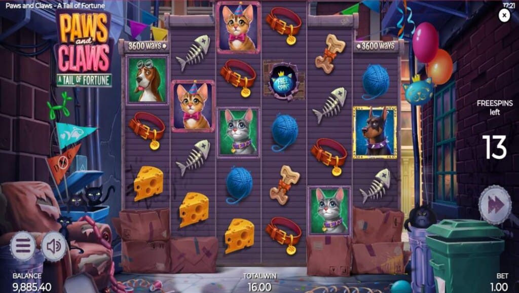 Free Spins screen of Paws ‘N Claws showing expanded reels, 3600 ways, pet symbols, spins counter, and total win display game thus far.