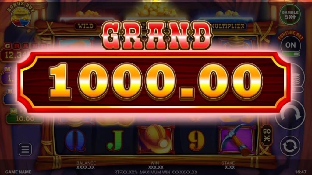 Gold Mine Fortune slot game screen showing a Grand jackpot award of 1000.00 during gameplay.