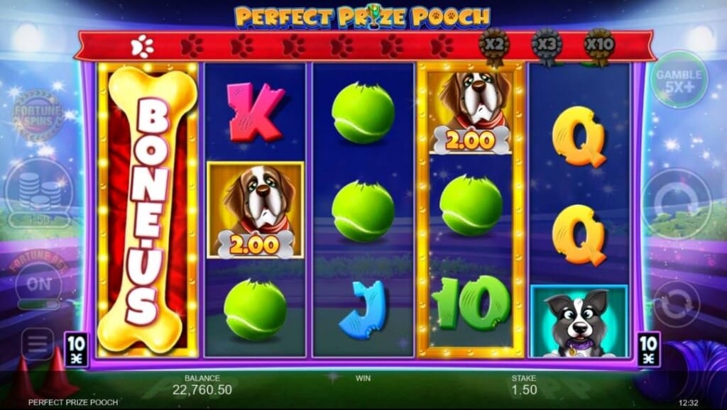Perfect Prize Pooch slot game reels showing the Bone-Us bonus symbol alongside dog icons and tennis ball symbols during gameplay