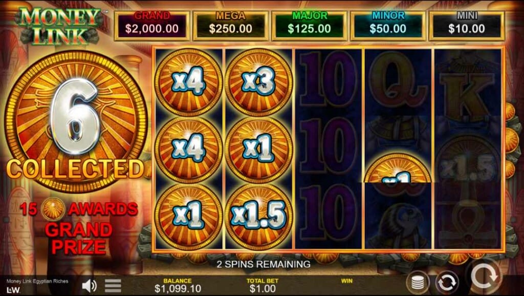 The Money Link feature in Money Link Egyptian Riches is displayed. The feature takes place in an Egyptian temple. The reels show coins with multipliers. The remaining number of respins is shown below the grid. 