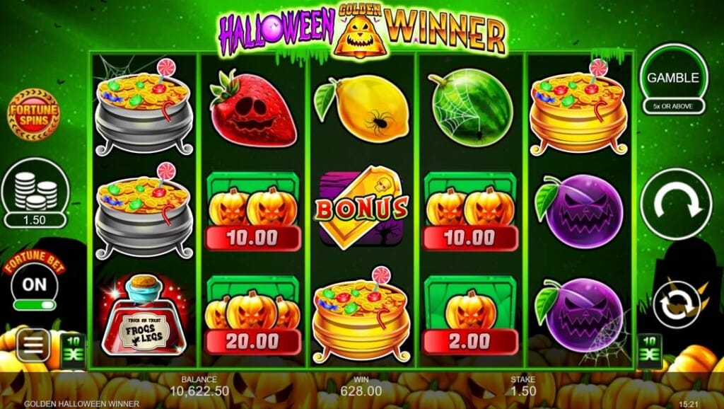 A screenshot of the slot reels in Halloween Golden Winner. The background is a green night sky above a field of jack-o-lanterns. In the foreground are the slot reels with Halloween-themed slot symbols, such as magic potions and spooky fruit. 