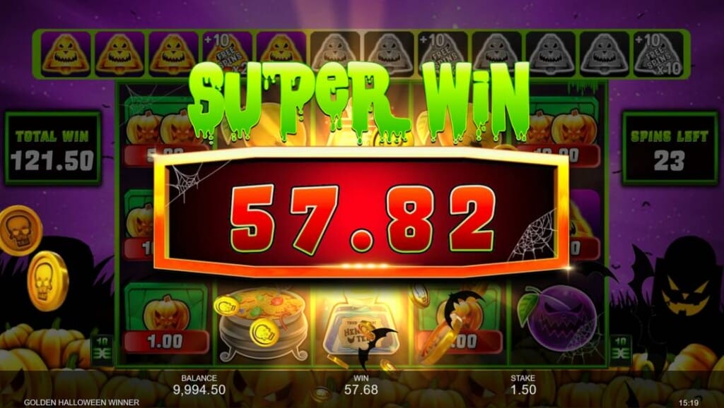 A screenshot of a Super Win in the Golden Halloween Winner slot. The game interface has faded into the background. The notification “Super Win” and the payout value of 57.82 are highlighted in the foreground.