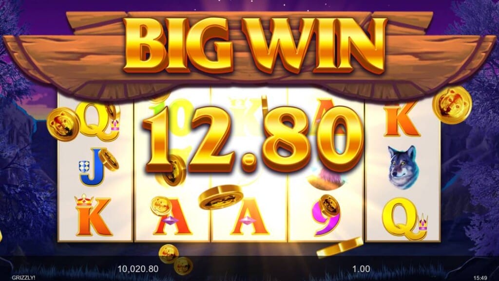 A screenshot of a big win in Grizzly. The words “Big Win” and a prize of “12.80” are visible in front of the game’s slot reels. 
