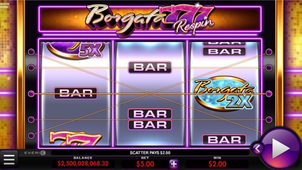 A screenshot of the Borgata 777 Respin slot. The center of the game is dominated by a slot machine with a purple, gold, and black color palette. This slot interface is set against a gold backdrop with neon purple lines.