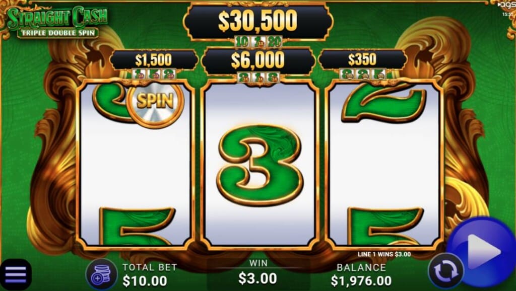 A screenshot of the Straight Cash Triple Double Spin slot reels. The background is various shades of green. The reels are bordered by an ornate gold frame. There are various numbers on the reels, but only a 3 is clearly visible on the middle reel. There are four jackpot prizes listed above the reels.
