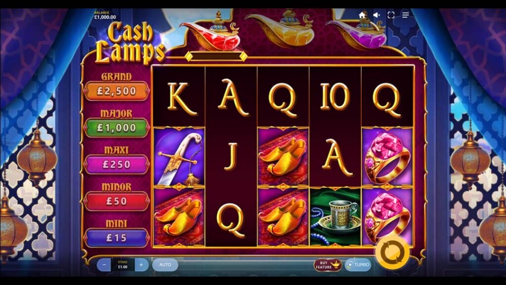 A screenshot of the slot reels in Cash Lamps. The background is a window in an opulent Middle Eastern palace overlooking the nearby city. In the foreground are the slot reels, featuring various Middle Eastern-themed symbols and playing card symbols.  