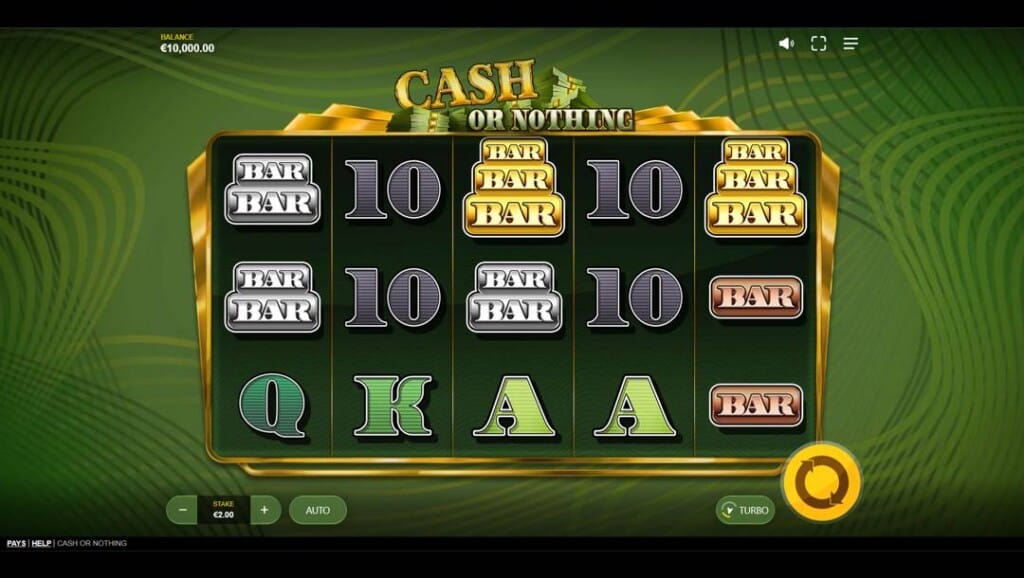 A screenshot of the slot reels in Cash or Nothing. The background has a banknote-style appearance. In the foreground, the slot reels are surrounded by a golden border. The reels are filled with bronze, silver, and gold BAR symbols, as well as playing card slot symbols.