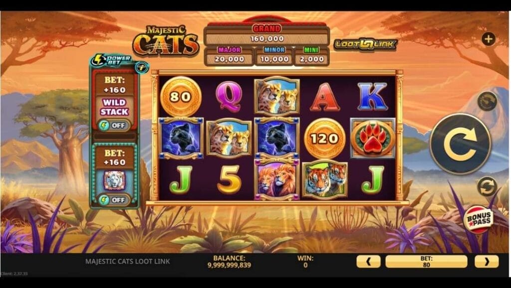Gameplay screen showing 5-reel slot with animal symbols, coin values, and jackpot tiers (Grand, Major, Minor, Mini) in Majestic Cats Loot Link.