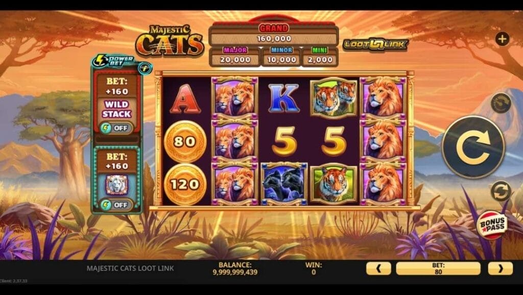 Gameplay screen showing stacked lion symbols, coin values, and jackpot display with Loot Link feature in Majestic Cats Loot Link slot.