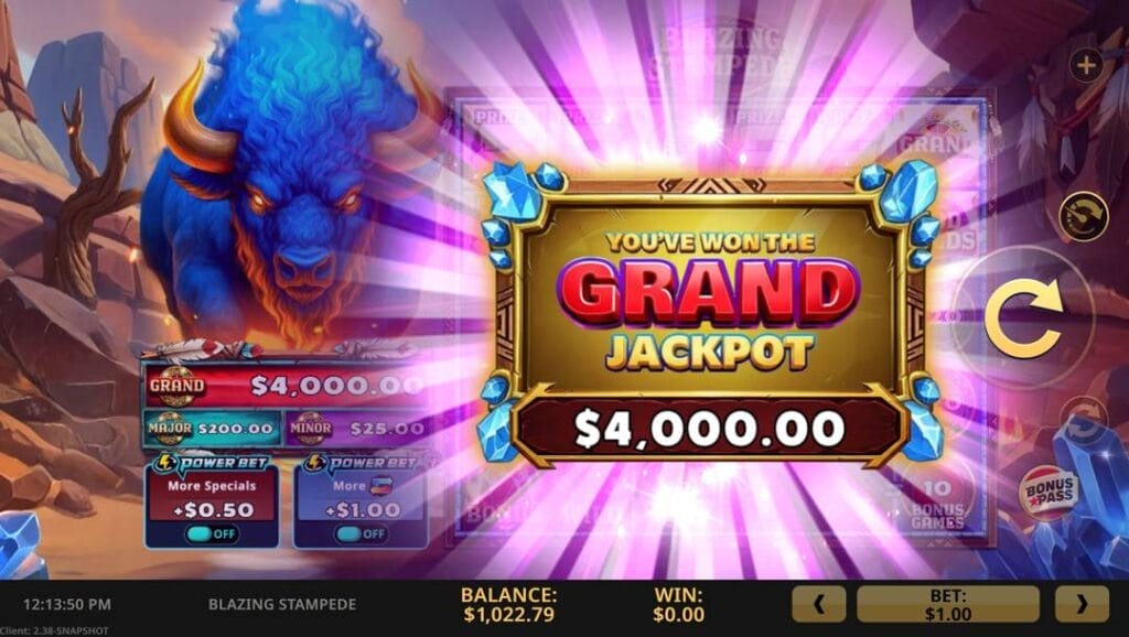 A screenshot of a Grand Jackpot win in Blazing Stampede. A notification with the prize of $4,000 is surrounded by purple light, obscuring the regular slot reels.