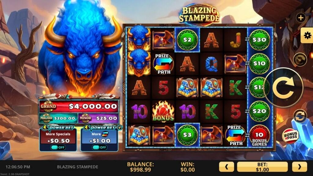 A screenshot of the Blazing Stampede slot game screen displays a blue buffalo next to the reels, with coin values, letter symbols, prize path icons, and a fire-themed bonus symbol.
