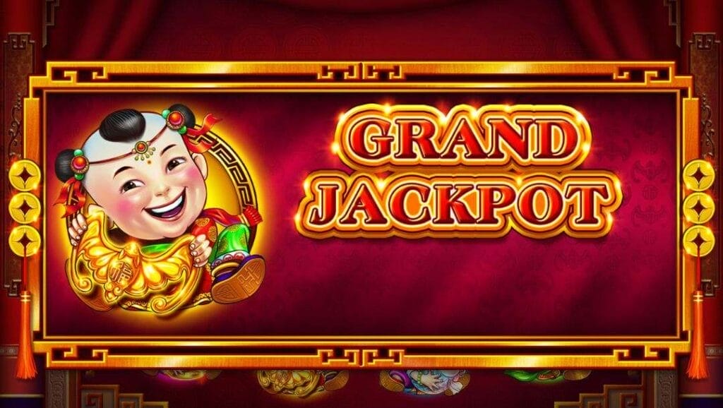 A screenshot of the banner that pops up after the Grand Jackpot is triggered in the 88 Fortunes slot game. A Fu Baby image appears alongside the words “Grand Jackpot” on a red banner, framed in gold. 