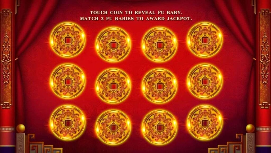 A screenshot of the Coin Pick Bonus in the 88 Fortunes slot game. 12 gold ingots appear in the center of a red backdrop. The coins are arranged in a 4x3 grid. 
