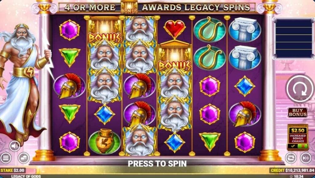 A screenshot of the Legacy of Gods slot during a bonus trigger sequence, with multiple BONUS temple symbols visible across the 6x5 reels. Several stacked god symbols appear on adjacent reels, while surrounding symbols include helmets, gemstones and columns. The same Zeus figure is positioned on the left, and the interface shows the Buy Bonus option and spin controls on the right, indicating entry into the Legacy Spins feature.