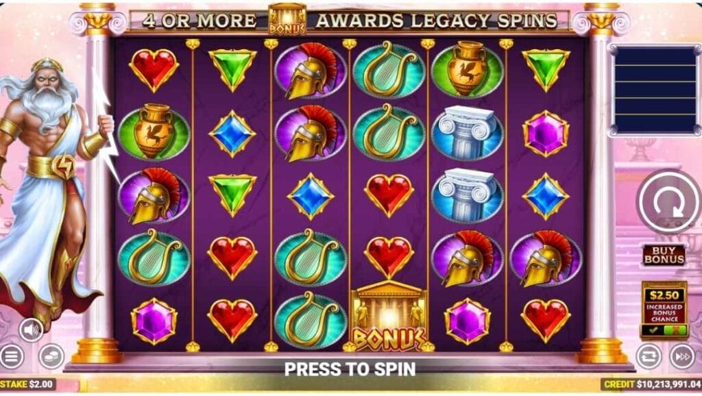 A screenshot of the Legacy of Gods base game showing a 6x5 reel grid set against a deep purple background with gold framing. On the left, a Zeus holding a lightning bolt stands beside the reels. The symbols include helmets, lyres, amphorae, gemstones, hearts, and bearded god portraits. 