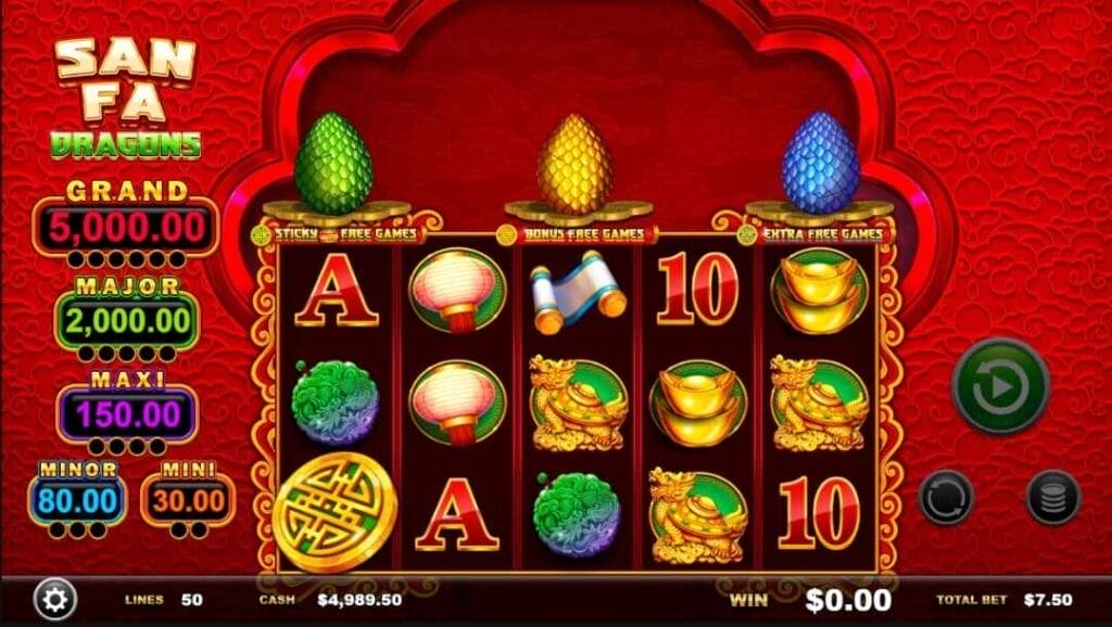 San Fa Dragons slot gameplay screen showing a 5x3 reel layout with 50 paylines, colored dragon eggs above the reels, fixed jackpot values on the left side, and symbols including lanterns, gold ingots, dragons, and royal card icons.