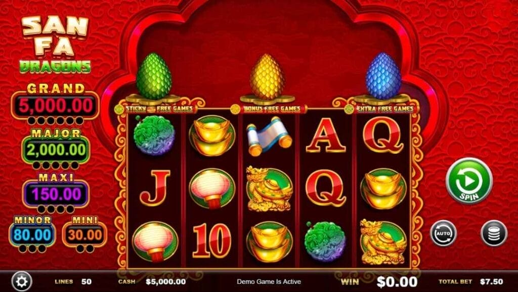 San Fa Dragons slot gameplay interface featuring a red-and-gold Asian-inspired design, jackpot meter display, dragon egg bonus indicators, and reel symbols including lanterns, gold ingots, dragons, jade icons, and royal card symbols.