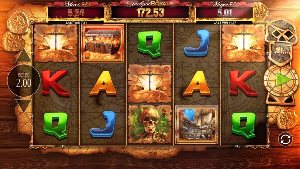 A screenshot of The Goonies Jackpot Royale slot during base gameplay, showing a 5-reel layout with symbols including skulls, treasure ships, card values, and a Bonus symbol featuring One-Eyed Willy. The interface displays a total bet of 5.00, with the spin button and game controls positioned on the right side of the screen.
