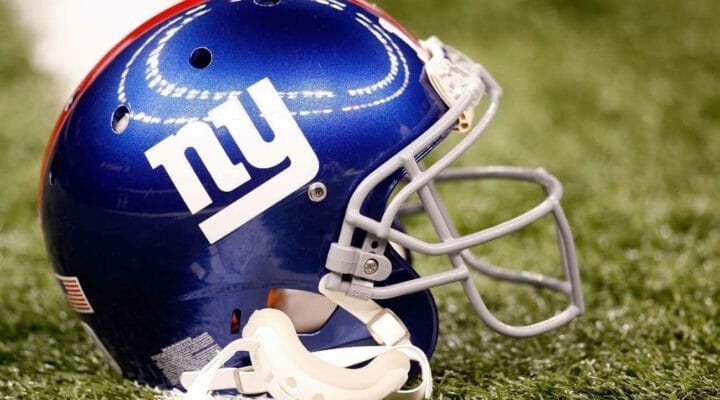 New York Giants helmet on the field