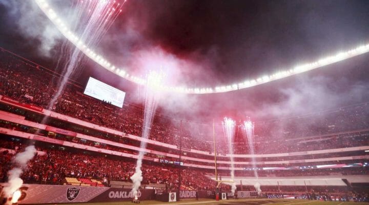 Houston Texans vs Oakland Raiders matchup with fireworks display at the stadium