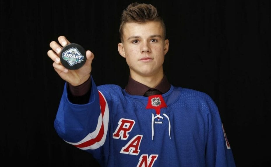 Hunter Skinner poses after being selected 112nd overall by the New York Rangers during the 2019 NHL Draft at Rogers Arena