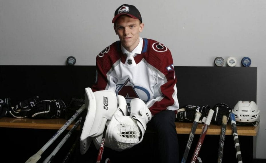 Trent Miner poses after being selected 202nd overall by the Colorado Avalanche during the 2019 NHL Draft at Rogers Arena
