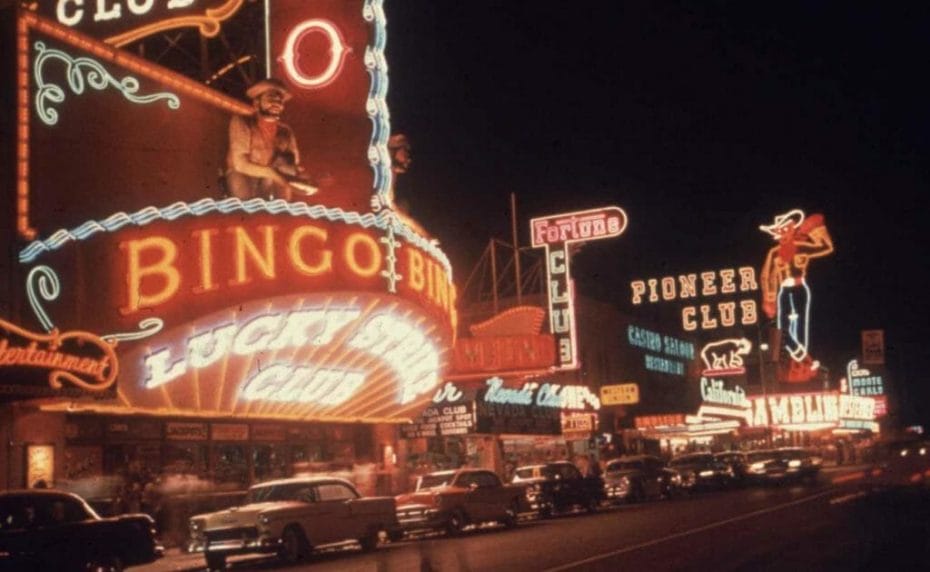 Retro photo of Las Vegas Street lights and cars taken in the 1950s
