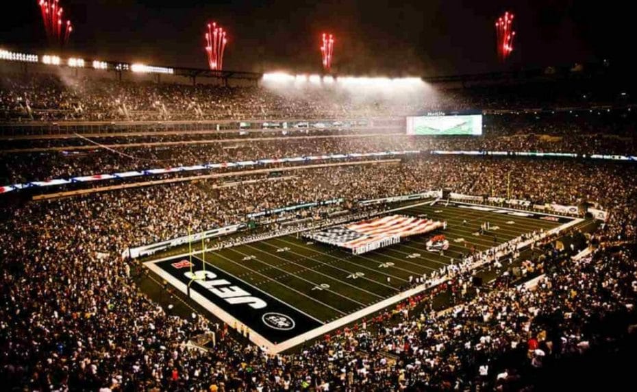 Unfurling flag at NY Jets first home game at new Meadowlands Stadium 2010