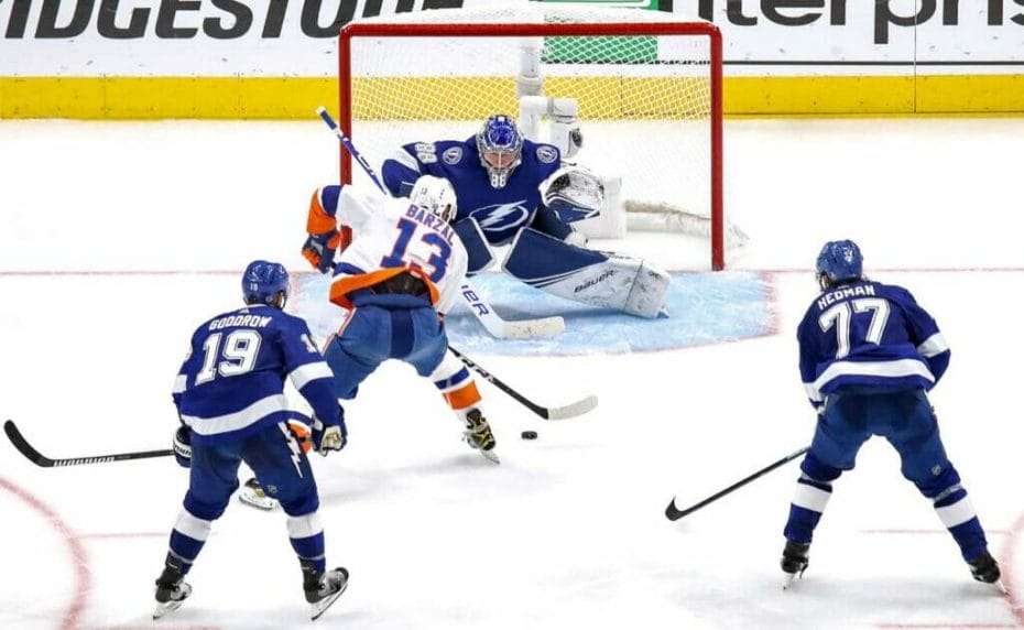 Andrei Vasilevskiy of Tampa Bay Lightning against Mathew Barzal of New York Islanders during the 2020 NHL Stanley Cup Playoffs September 2020