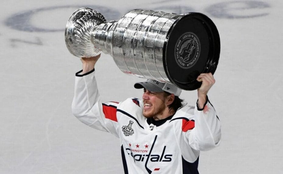 T.J. Oshie of Washington Capitals hoists the Stanley Cup during the 2018 NHL Stanley Cup Final