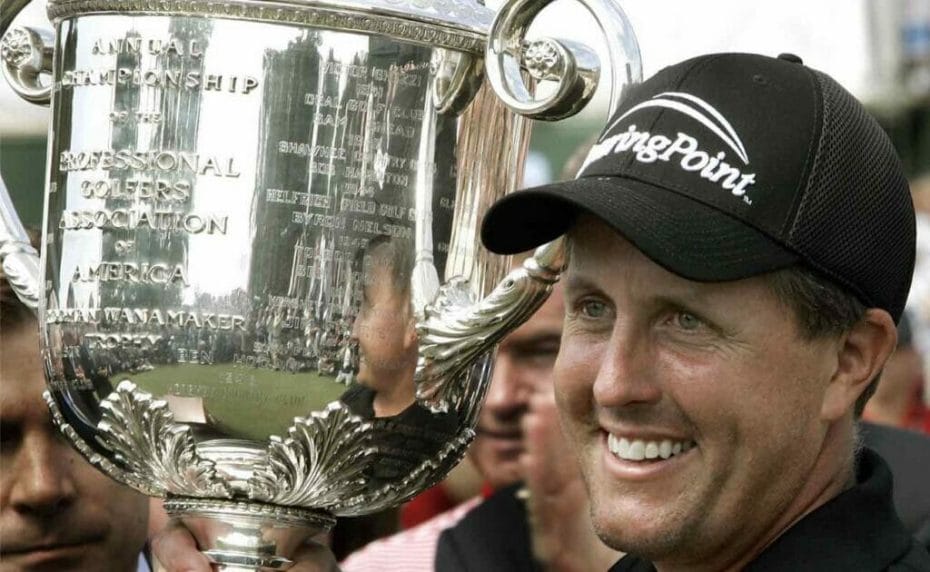 Phil Mickelson holding up the Wanamaker Trophy after winning the 87th PGA Championship August 2005