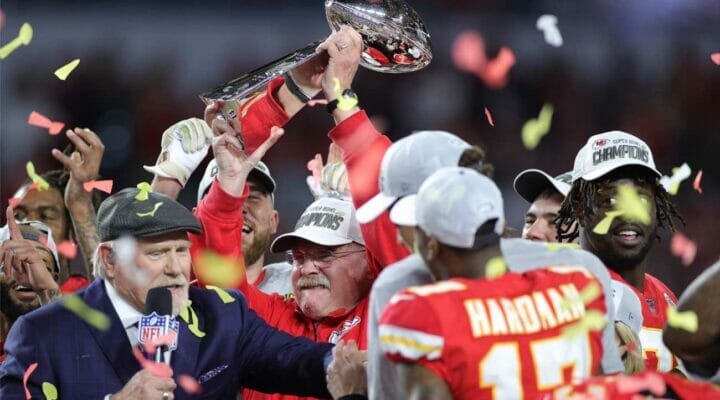 Head coach Andy Reid of Kansas City Chiefs celebrates with the Vince Lombardi Trophy February, 2020