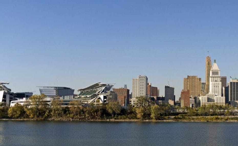 View of the Paul Brown NFL stadium and the Cincinnati skyline from the river.