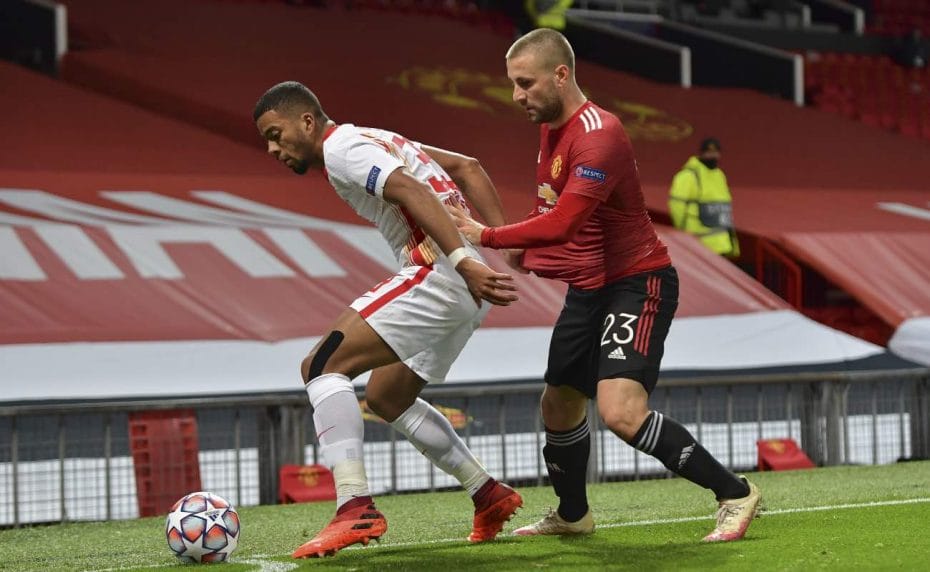 Benjamin Henrichs of RB Leipzig and Luke Shaw of Manchester United at UEFA Champions League October 2020. Photo by Vincent Mignott/ Getty Images