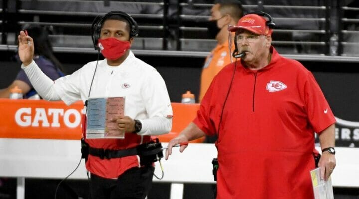 Head coach Andy Reid of the Kansas City Chiefs intently watches the game.