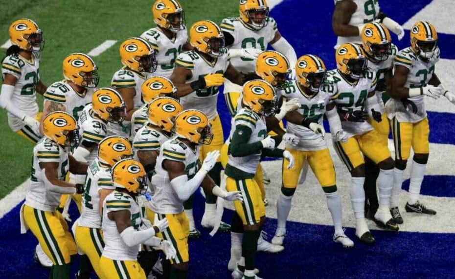 The Green Bay Packers celebrate in a game against the Indianapolis Colts at Lucas Oil Stadium. Photo by Justin Casterline/Getty Images