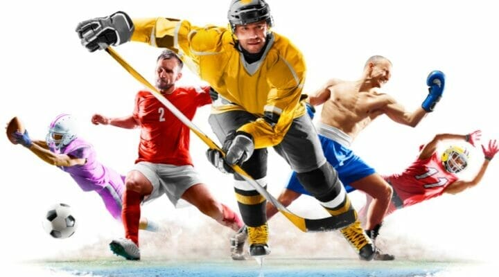 A collage of different sports, including soccer, ice hockey, and boxing.
