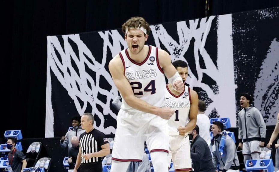 Corey Kispert of the Gonzaga Bulldogs reacts during the 2021 NCAA Final Four semifinal. Photo by Jamie Squire/Getty Images