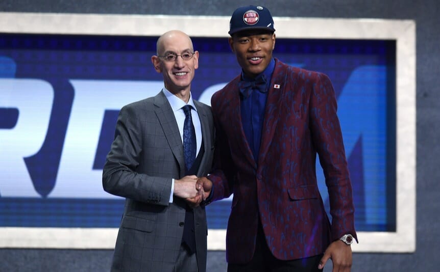 Rui Hachimura poses with NBA Commissioner Adam Silver. He was the ninth pick drafted by the Washington Wizards during the 2019 NBA Draft. Photo by Sarah Stier/Getty Images