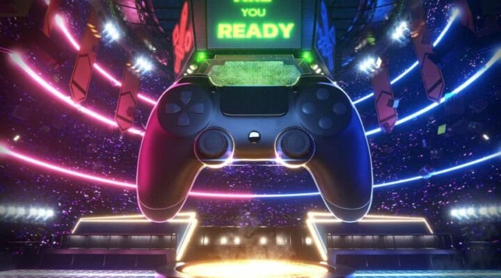 Header 3D rendering of a gaming console in an eSports gaming arena.