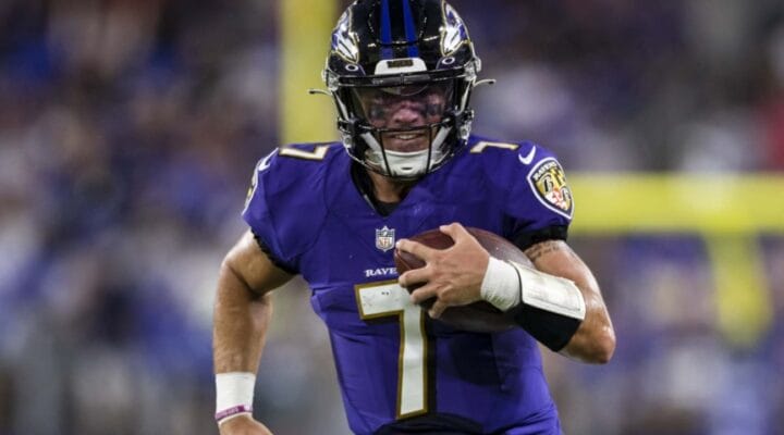 Trace McSorley #7 of the Baltimore Ravens scrambles during the first half of a preseason game against the New Orleans Saints on August 14, 2021. (Photo by Scott Taetsch/Getty Images)