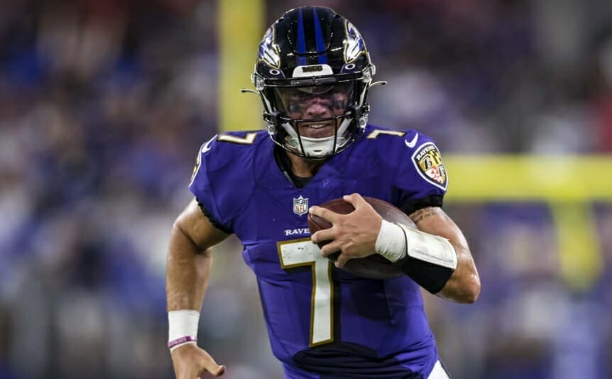 Trace McSorley #7 of the Baltimore Ravens scrambles during the first half of a preseason game against the New Orleans Saints on August 14, 2021. (Photo by Scott Taetsch/Getty Images)