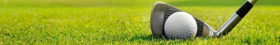 An iron club behind a golf ball on the grass