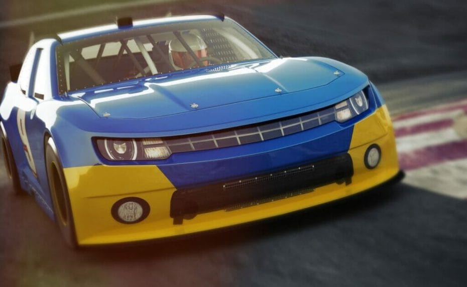 A 3D rendering of a NASCAR car and driver.